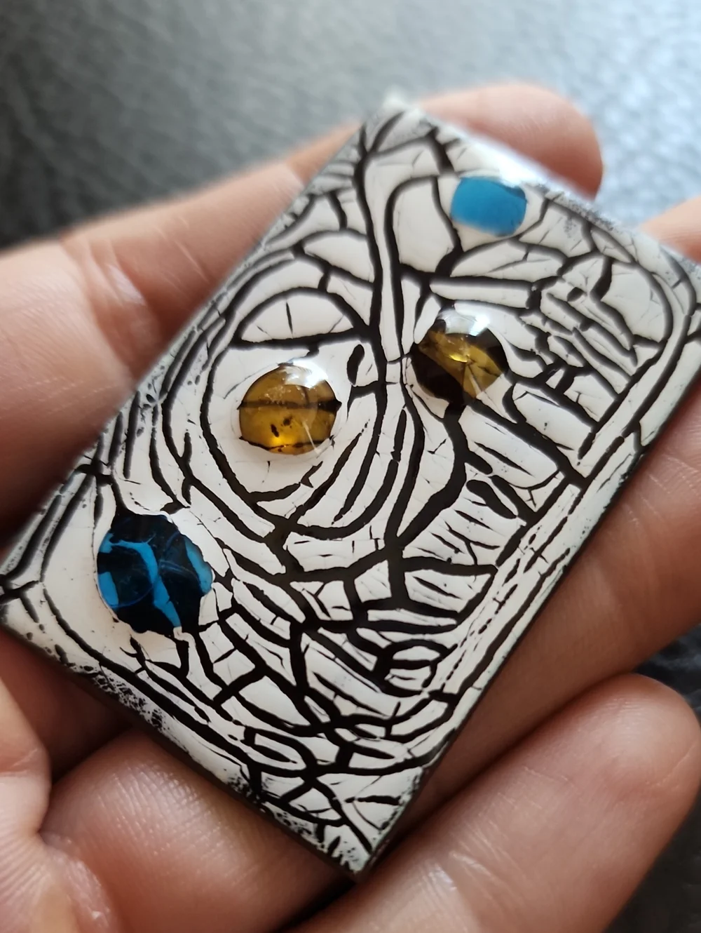 VTG White and Black Abstract Art Tile Brooch with Blue and Amber Accents